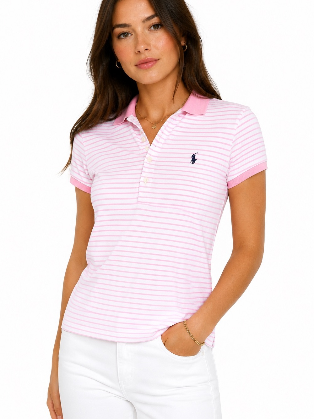 Ralph Lauren Sport Pink & White Striped Polo Shirt Women’s XL Slim Fit Cotton